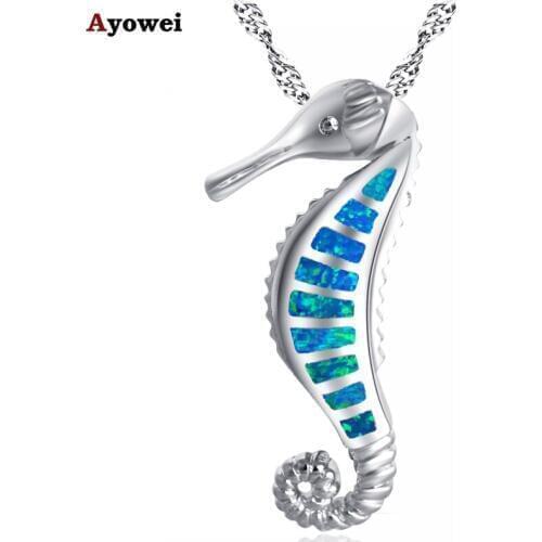 Ayowei Hippocampus Animal Design Blue Fire Opal 925 Silver stamped Pendant Necklace Jewelry for Women OP800A