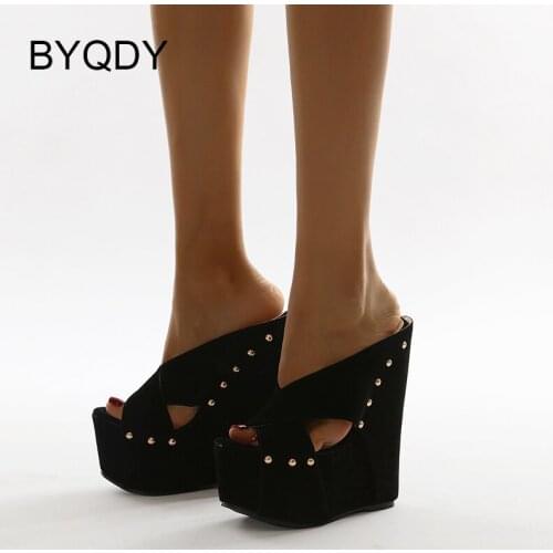 BYQDY 2021 Open Toe Rivets Women Sandals Open Toe Classic Female Slippers Outside High Heeled Ladies Wedges Shoes Plus Sizes