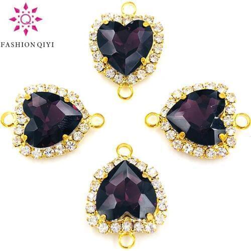 Hot 12mm Deep purple heart shape gold base double loop Crystal button flatback Glass sew on rhinestones diy wedding decoration