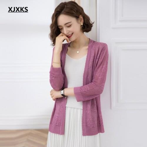 XJXKS Fashion V-neck women summer sun protection clothing 2021 new comfortable hollow ultra-thin knitted cardigan women sweater