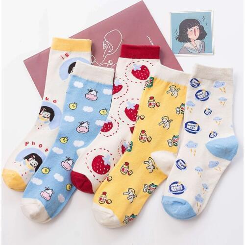 Cute Cartoon Fruit Print Kawaii Socks Women Korean Harajuku Cow Strawberry Funny Socks Pure Cotton Midi-Tube Short Sock Meias
