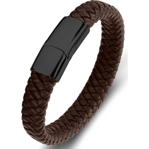 Multicolor Vintage Leather Bracelet Men Simple Punk Jewelry Stainless Steel Charm Bangles Trendy Wristband for Male Boys P109