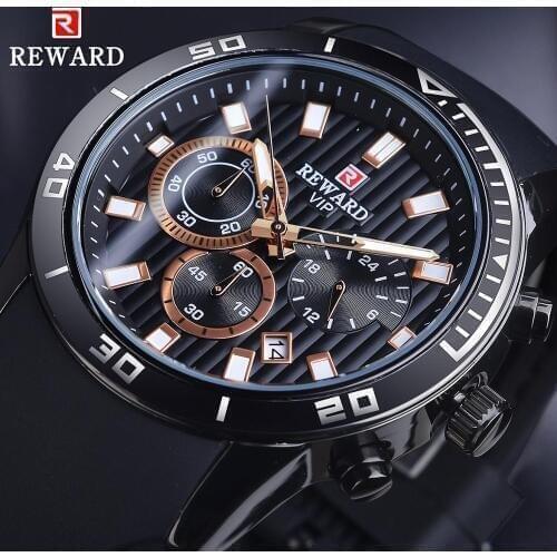 Reward Mens Fashion Business Calendar Watches Black Chronograph Male Sport Waterproof Luminous Silicone Band Date Quartz Watch