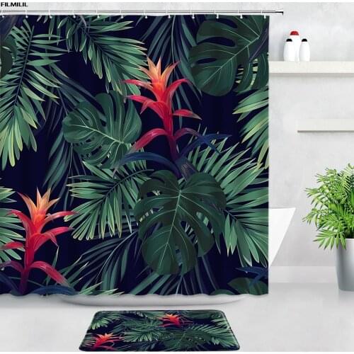Green Monstera Shower Curtains Bath Mats Set Tropical Plant Leaves Palm Leaf Home Decor Bathroom Rug WC Non-slip Carpet Door Pad