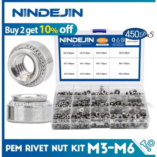 NINDEJIN 450pcs self clinching nut CLS 304 stainless steel steel M3 M4 M5 M6 swage nut press-fit nut assortment kit plug nut