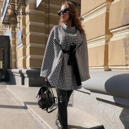 2021 Autumn and Winter New Womens Fashion Plaid Cloak Cloak Houndstooth Coat Loose Tie Cloak Top