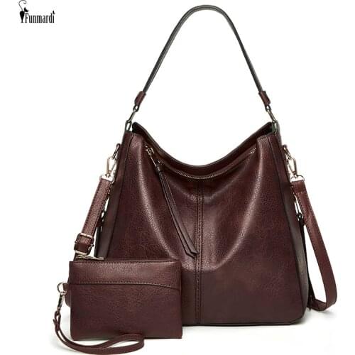 FUNMARDI 2Pcs/Set Retro Handbags Soft PU Leather Shoulder Bags Tassel Luxury Tote Bag Large Capacity Female Bag Casual WLHB2377