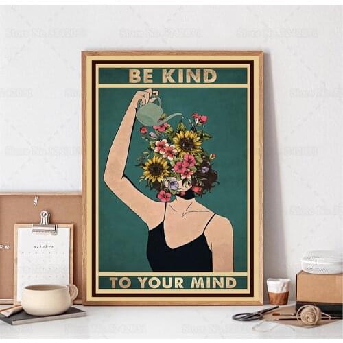 Mental Health Poster Awareness Be Kind To Your Mind Canvas Painting Girl Head Flower Wall Art Decor