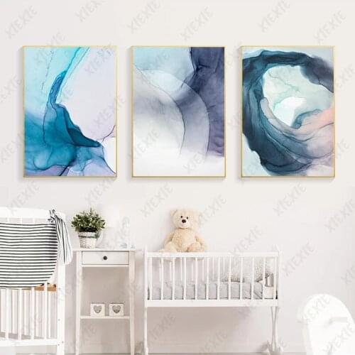 Abstract Ink Rendering Poster Blue Gray White Wallpaper Canvas Painting Art Craft Print Picture Home Living Room Decoration