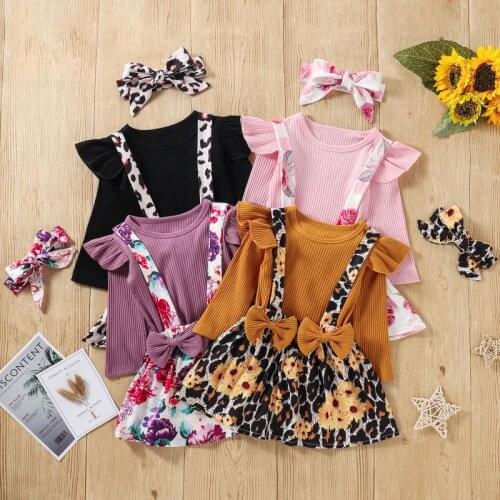 3 Pcs Baby Girl Casual Outfits, Ribbed Fly Sleeve Round Neck Pullover Print Suspender Skirt + Bowknot Headband Childrens Sets