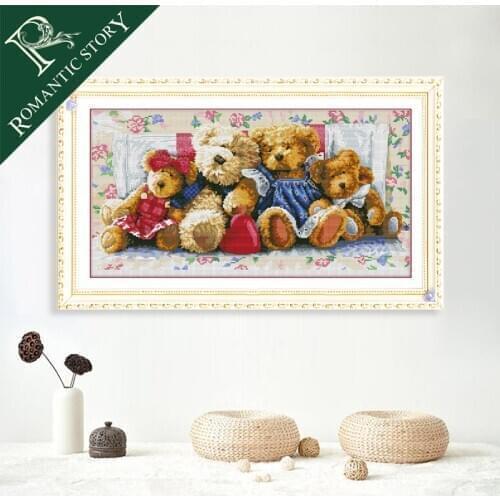 Romantic Story Classic the Family of toy Bear Cross Stitch Needlework DIY 11CT Printing Cross Stitch Sets For Embroidery Kits