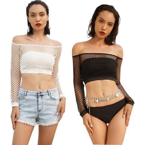 Sexy Crop Tops Women Off Shoulder Mesh Solid Color T-shirt