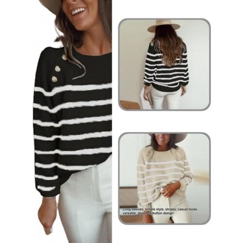 Sweater Popular Horizontal Stripes Buttons Sweater Knitwear Long Sleeve Top O Neck for Gathering