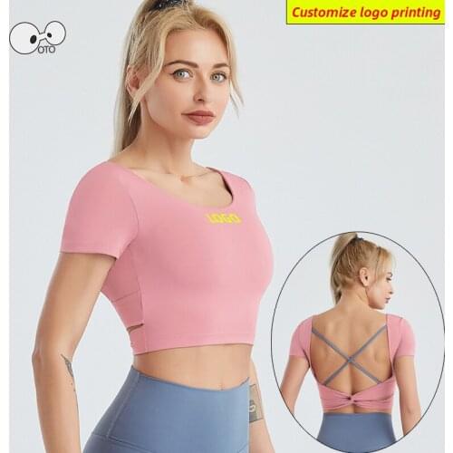 2021 Elastic Push Up Padded Crop Top Women Quick Dry Running Gym Sports T-Shirt Short Sleeve Workout Fitness Yoga Shirts Custom