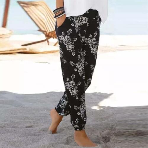 Vintage Printed Harem Pants Women Trousers Casual Elastic Waist Cotton Linen Wide Leg Pants Loose Pantalon Summer Plus Size Pant