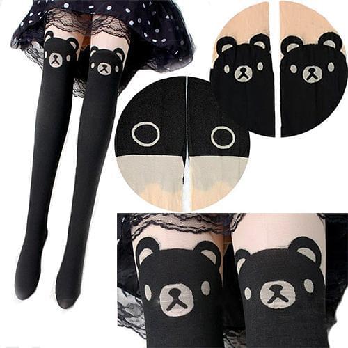 Women Fashion Cartoon Cute Bear Print Thigh-High Socks Tattoo Tights Pantyhose Perfect to be worn in spring, summer and autumn