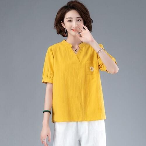 Plus Size Women Cotton Linen Casual T-shirts New Arrival 2021 Summer Simple Style Floral Embroidery Loose Female Tops Tees S3377