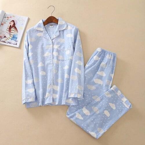 Ladies Pajamas Set Simple Style Cartoon Cloud Printed 2021 Autumn and Spring 2Pcs Sleepwear Homewear Casual Wear