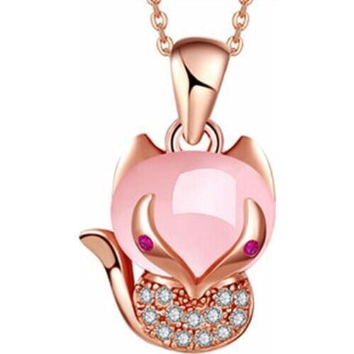 Cute fox pink crystal zircon diamonds gemstones pendant necklaces for women rose gold color choker jewelry bijoux lover gifts
