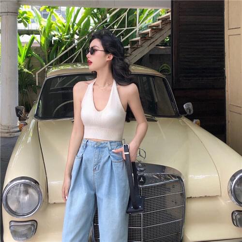 Deep V-neck halter sling with navel exposed sexy ins Y2K vest womens summer dress solid color knitted high waist small inner