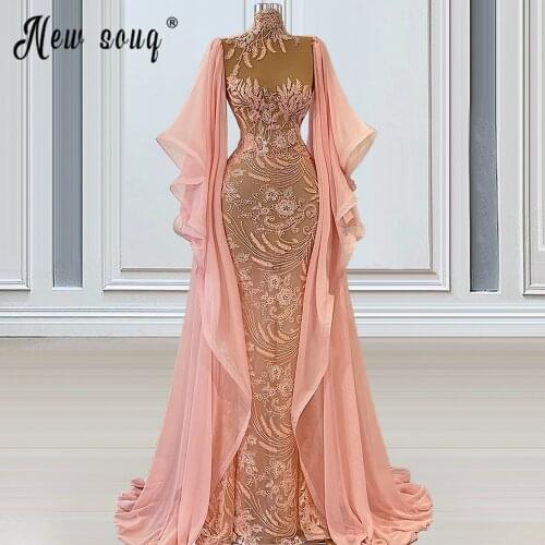 Two Designs Mermaid Lace Beads Prom Dresses 2021 High Neck Long Sleeve Baby Pink Formal Gown robe de soiree Pageant