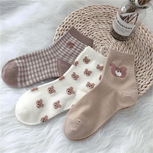 1 Pair Cute Cartoon Bear Socks Cotton Breathable for Women Girls Fashion Kawaii Soft Casual Socks
