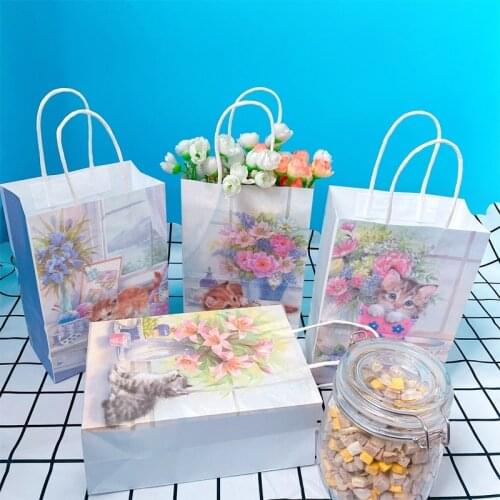 10pcs Paper Bag With Handles Wedding Souvenir Gift Packaging Candy Cute Animal Cat Environmental Takeaway Paper Bag