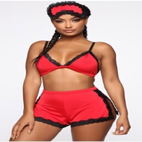 2PCS Sexy Lingerie Pajamas Sets Sleepwear Women Lace Trim Sleeveless Bra Top+Split Shorts Nightwear Exotic Sets Sex Costumes