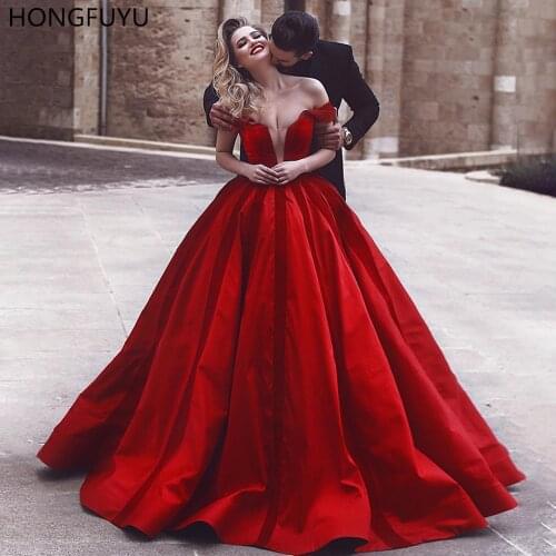 HONGFUYU Red Off-the-shoulder Ball Gown Prom Dress vestido de fiesta Formal Evening Gowns Dubai Arabic Long Party Dresses платье