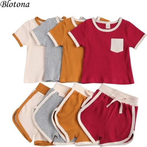 Blotona Kids Baby Summer 2Pcs Outfit Block Color Ribbed Short Sleeve Pocket Top+Shorts Set for Boys Girls 6Months-4Years