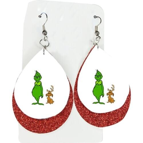 3d print grinch christmas party faux leather two layers glitter earrings thanks giving gift double bulk order