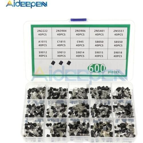 15Value*40Pc=600Pcs Transistor TO-92 Assortment Box Kit Transistors 2N2222 2N3904 2N3906 A1015 C945 S8050 S8550 S9014 S9013 9018