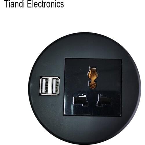 Small circle shape office desk outlet round mini tabletop socket universal power supply with USB charging and output wire hole