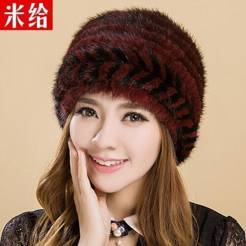 Mink fur natural hat marten womens winter hat thermal thickening earmuffs knitted cap the elderly