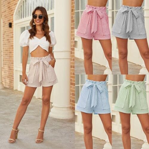 2021 New Women Shorts Hot Summer Casual Cotton Pink Striped Shorts Butterfly Bow Mid Waist Short Fashion Woman Short Pants YY26