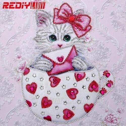 Special Shaped Diamond Painting Cat Cup Diamond Embroidery Cartoon Shining Round Diamond Mosaic Picture Of Rhinestones 25x25cm