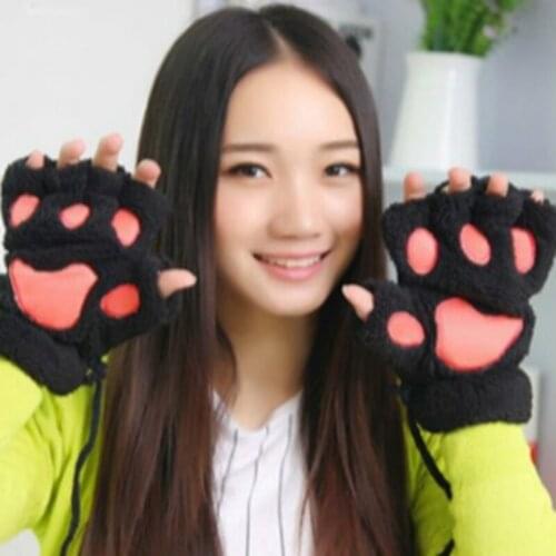 2019 Winter Women Paw Gloves Fingerless Fluffy Bear Cat Plush Paw Gloves/Mitten Warm Ladies Half Covere Half Finger Gloves Luva