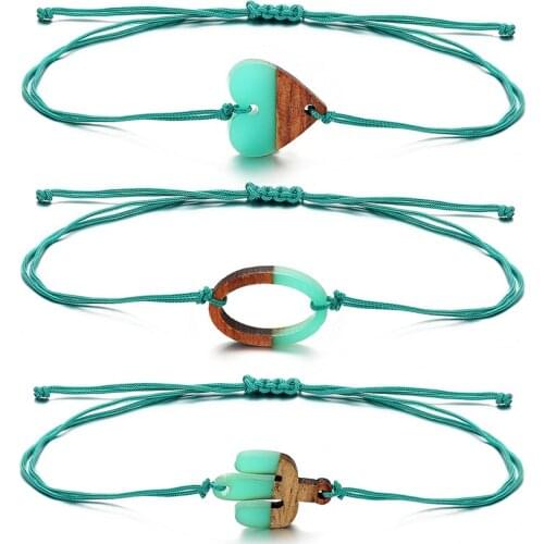 Personalized Half Wood Plastic Splicing Heart Bracelet for Men Oval Cactus Charm Pulsera Women Rope Bangle Girl Creative Jewelry