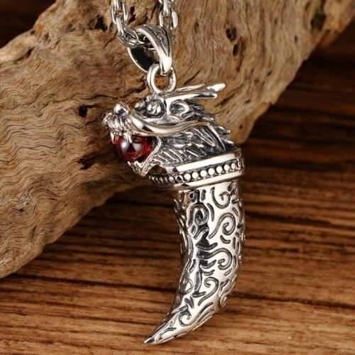 S925 Sterling Silver Retro Domineering Inlaid Synthetic Garnet Pendant Free Shipping