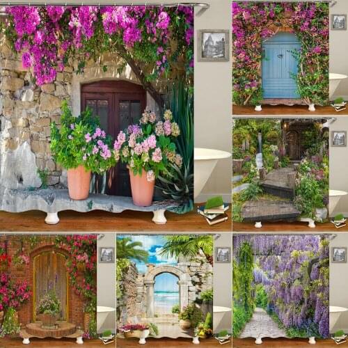 Flowers Scenery Waterproof Shower Curtains Rural Street Flowers Bathroom Curtains Polyester Fabric Washable Decor Bath Curtains