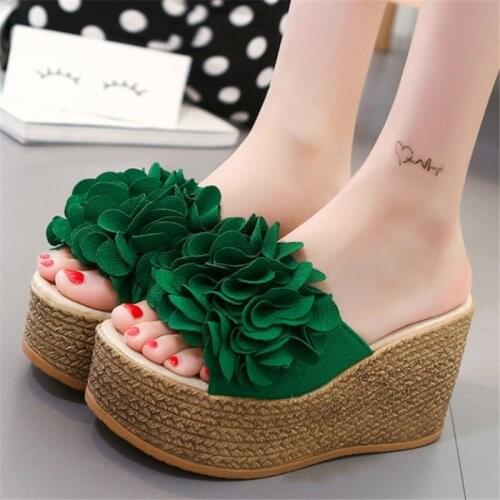 Women 9cm Wedges High Heel Slippers Fashion Summer Solid Color Non-Slip Peep Toe Beach Shoes Light Platform Flowers Sandals