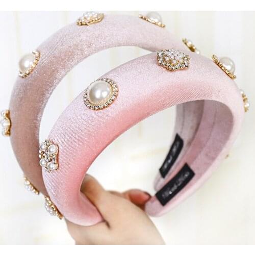 Cheer Bows Women Solid Color Padded Headband Velvet Pearl Rhinestone Sponge Hairband Fashion Girls Hair Hoop Hair Accessories