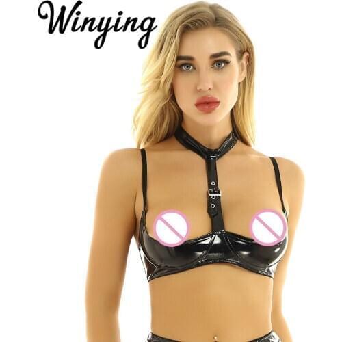 Womens Wetlook Black Patent Leather Hot Sexy Lingerie Crop Top Adjustable Straps Open Half Cups Wire-free Bra Adult Erotic Tops