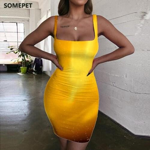 SOMEPET Gold Dress Women Galaxy Ladies Dresses Abstract Vestido Sexy Harajuku Halter Sleeveless Womens Clothing Summer Beach