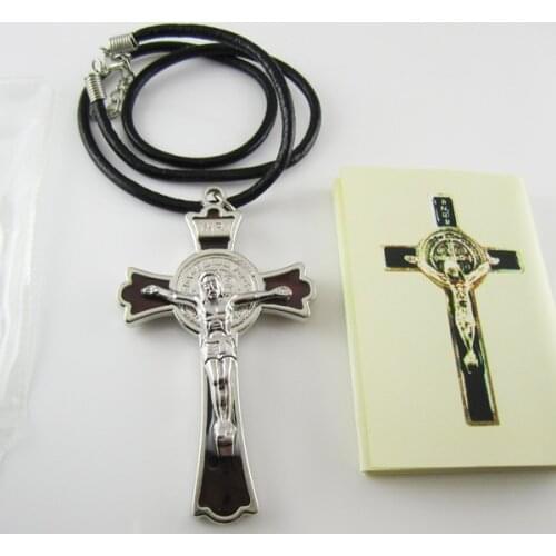 12pcs of 3 Inch Epoxy Brown St. Benedict Crucifix Cross Leather Necklace with Scripture and PVC Pouch