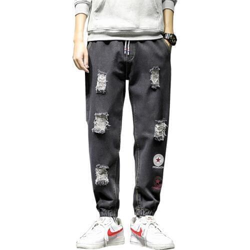 5XL Men Casual Loose Letter Solid Drawstring Elastic Waist Denim Long Pants Trousers Jeans Skinny Destroyed Stretch Slim Fit