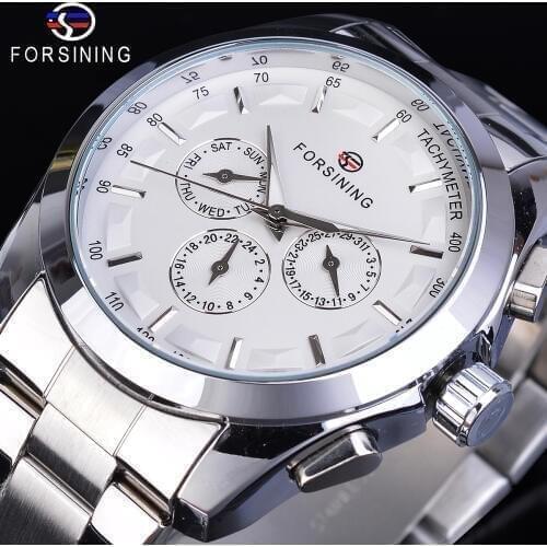 Forsining Automatic White Men Mechanical Watch 6 Hands Date Day Stainless Steel Belts Business Dress Wrist-Watch Erkek Kol Saati