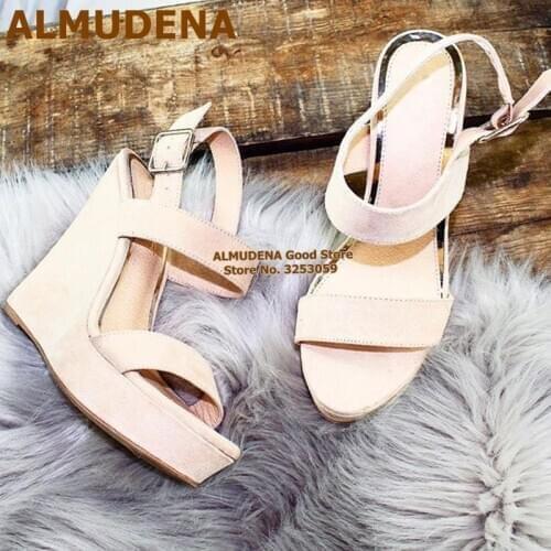 ALMUDENA Concise Beige Suede Wedges Sandals Open Toe Platform Buckle Strap Dress Shoes Women Summer Street Fashion Pumps Size46