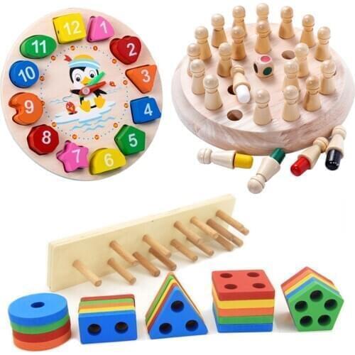 Kids Montessori Wooden Toy Memory Match Stick Chess Game Fun Block Board Game Digital Clock Puzzles Toy For Children