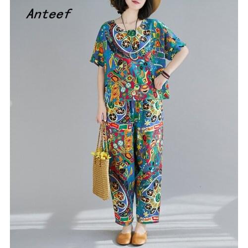 Cotton linen plus size vintage summer casual 2 two piece set loose tee t shirt women t-shirt ladies tshirt 2021 tops Harem pants